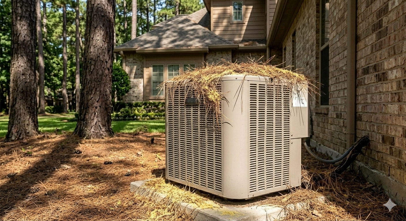 AC Unit Smothered by Pine Needles and Oak Tassels